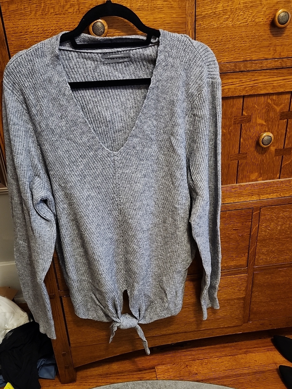 Anthropologie Gray V-Neck Knit Tie-Front Sweater